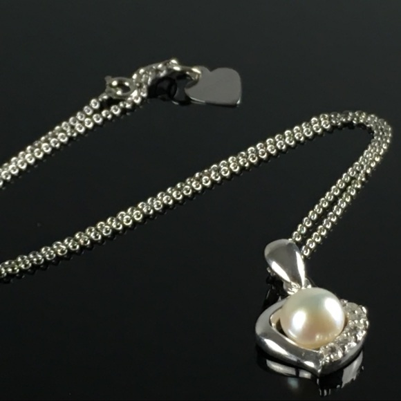 925 Silver Necklace Pearl & CZ Crystal Rhinestone - Picture 2 of 8